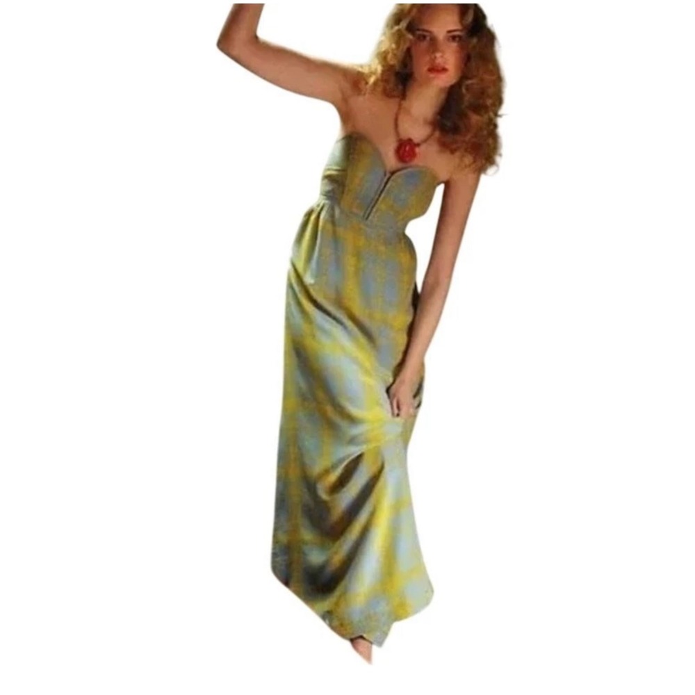 Maple Quilted Pastiche Maxi Dress Size 4 Gray Yellow 100%‎ Silk Anthropologie